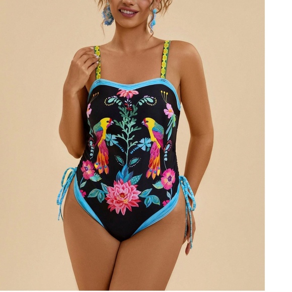 Plus Colorful Floral Animal Print Side Tie Monokini One Piece Swimsuit - Picture 7 of 8